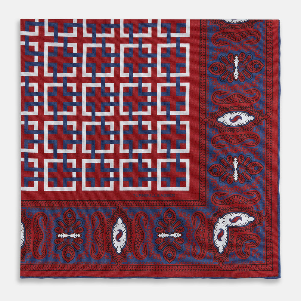 Red Square-Patterned and Paisley Patterned Silk Pocket Square