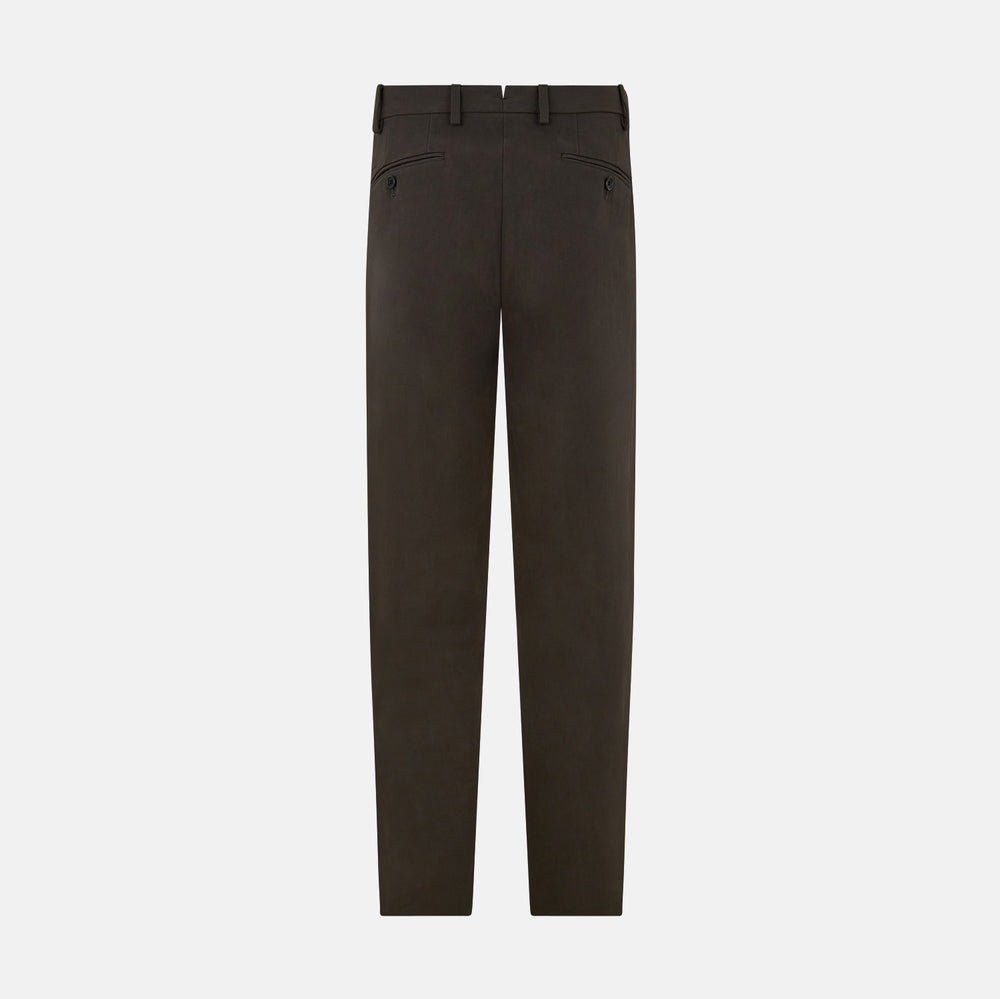A pair of moss green Henry B trousers by Turnbull & Asser, crafted from Italian cotton with a straight-leg cut, belt loops, and a flat front, displayed against a plain white background.