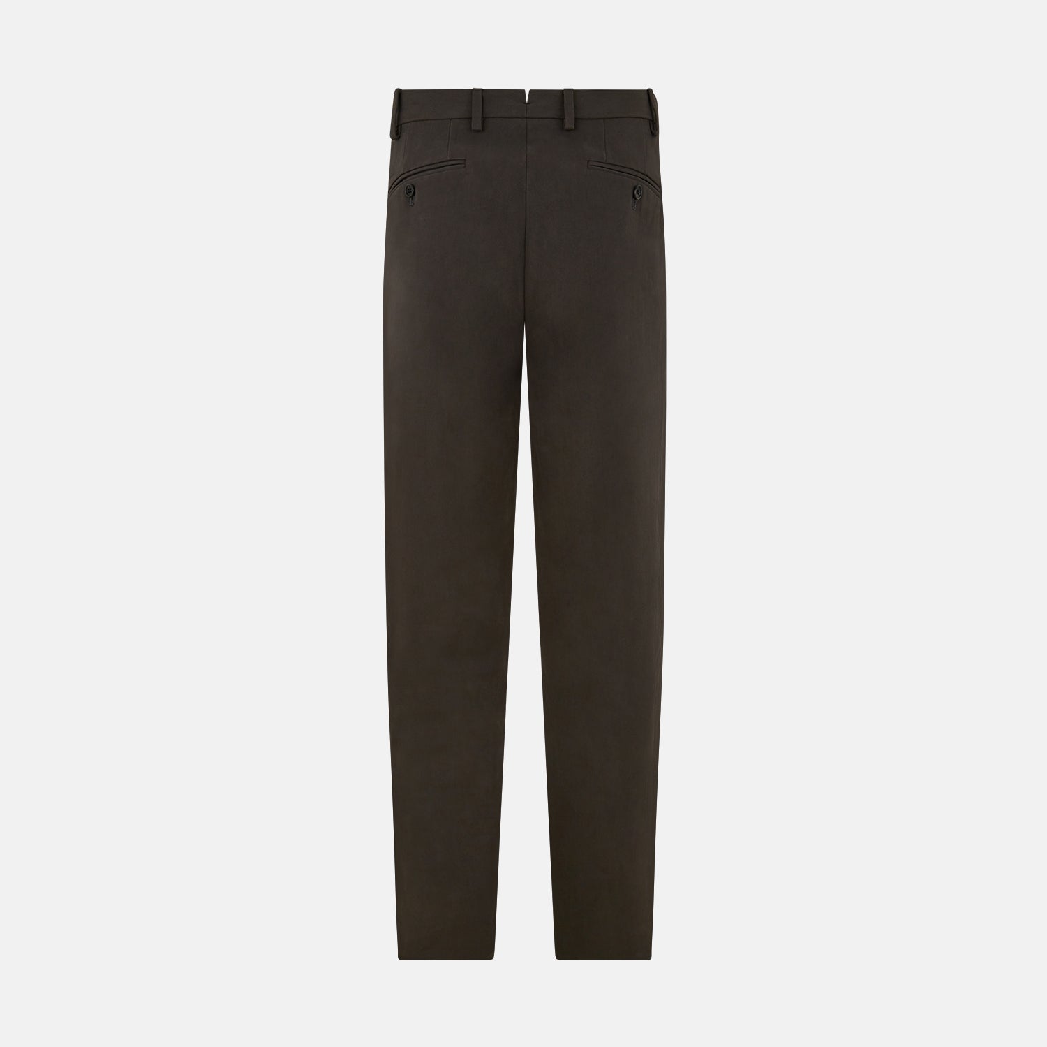 View 3 of product A pair of moss green Henry B trousers by Turnbull & Asser, crafted from Italian cotton with a straight-leg cut, belt loops, and a flat front, displayed against a plain white background.