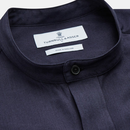 Navy Military Weekend Fit Cotton & Wool Shirt with Stand Collar and 1 Button Cuffs