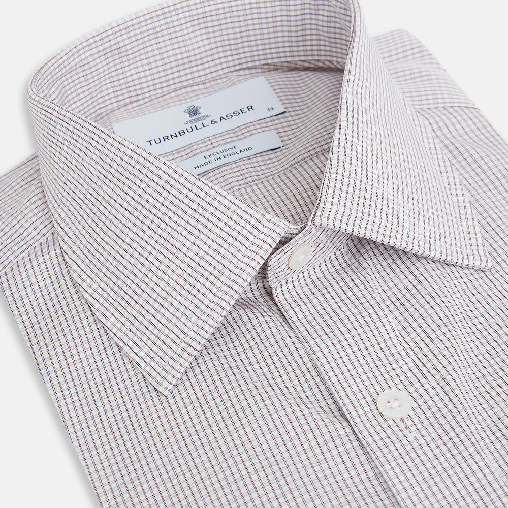 The Turnbull & Asser Burgundy Micro Tattersall Check Mayfair Shirt, crafted from Italian cotton with long sleeves, a button-down front, collar, and buttoned cuffs, is shown on a white background.