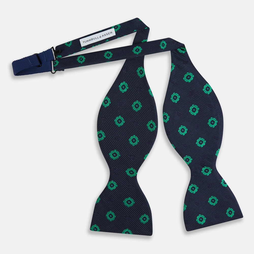 Navy and Green Motif Silk Bow Tie