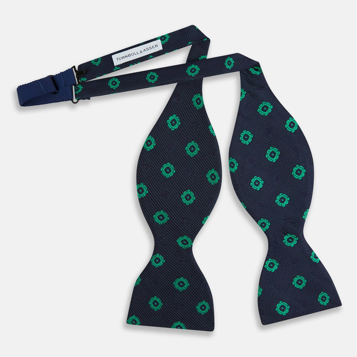 Navy and Green Motif Silk Bow Tie Image 1