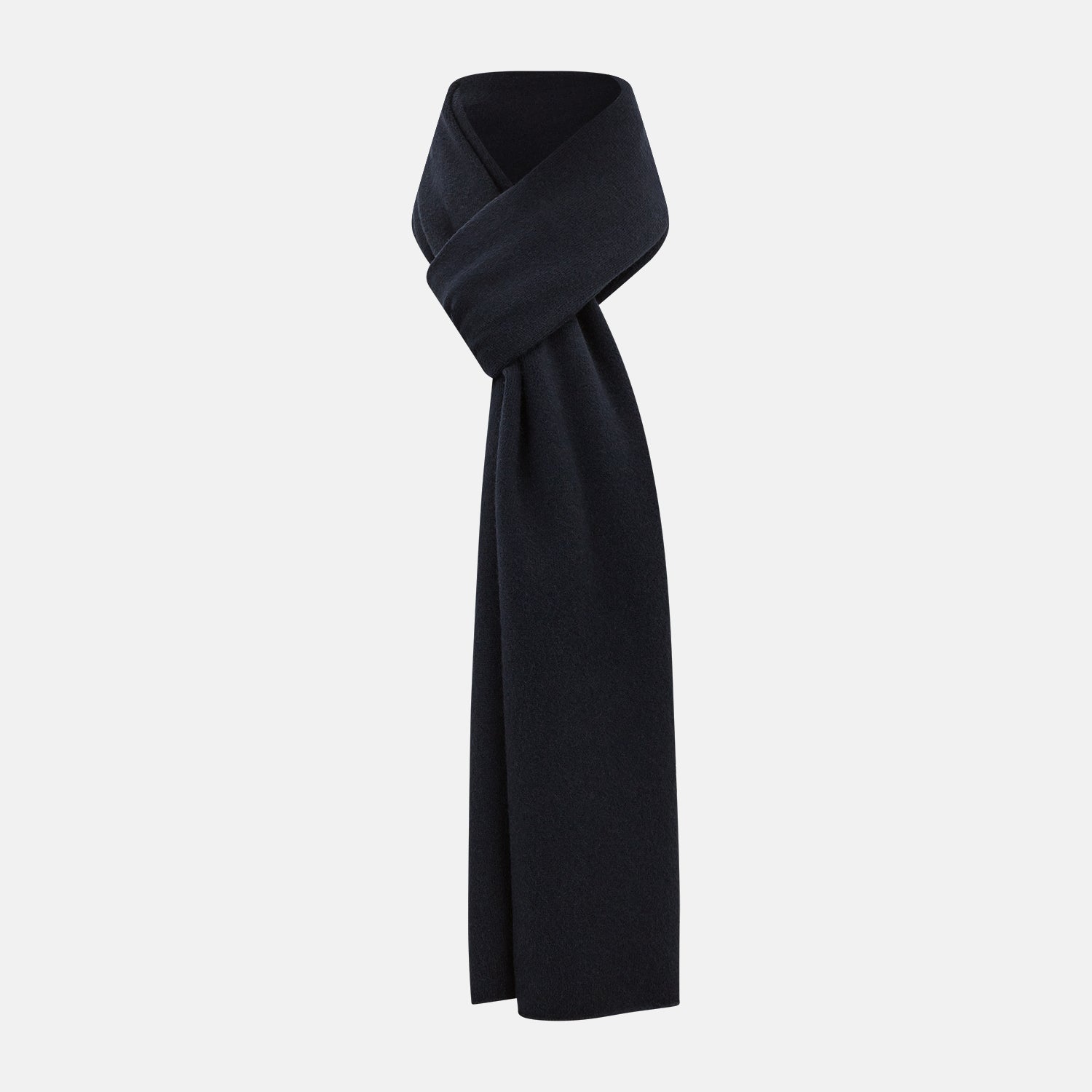 Image 1 of product The Turnbull & Asser Plain Navy Cashmere Knitted Scarf is shown looped against a white background, highlighting its soft texture and elegant drape.