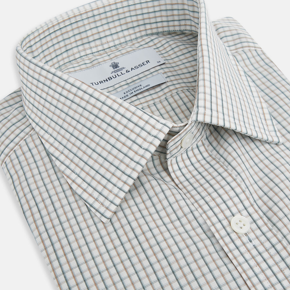 The Green and Brown Multi Check Mayfair Shirt by Turnbull & Asser, crafted from Italian cotton with a classic collar and buttoned cuffs, is laid flat on a white background.