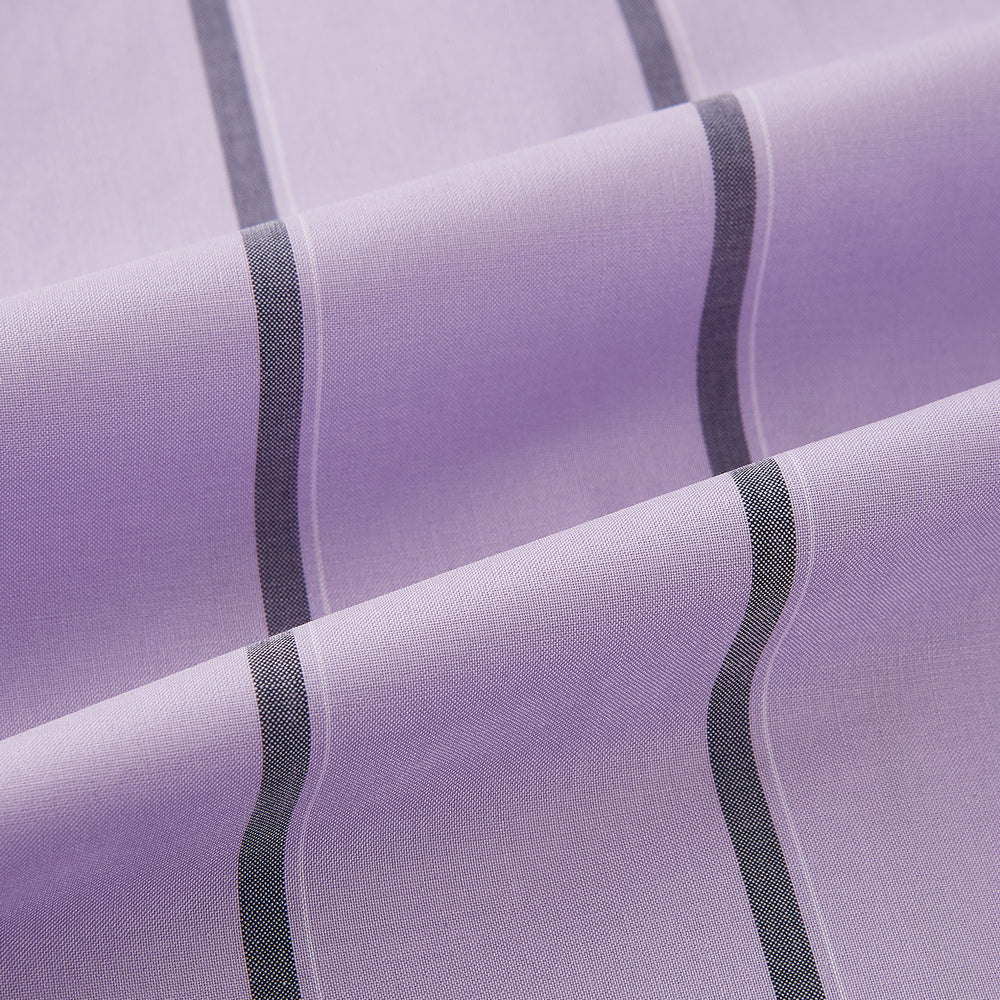 The Turnbull & Asser Lilac Track Stripe Mayfair Shirt is a long-sleeve Italian cotton shirt in light purple with dark lilac vertical stripes, shown laid flat on a white background.