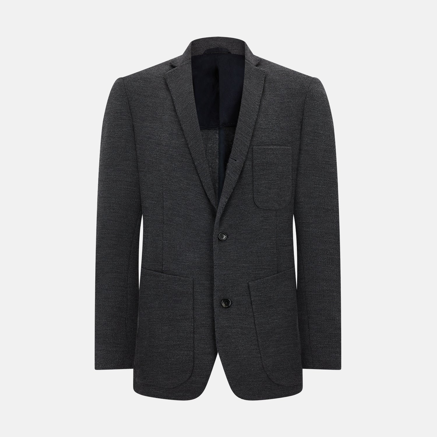 Image 1 of product The Turnbull & Asser Graphite Knitted Oxford Blazer for men features a dark gray hue, two buttons, notched lapels, and three front pockets—a modern British-inspired piece styled elegantly against a light background.