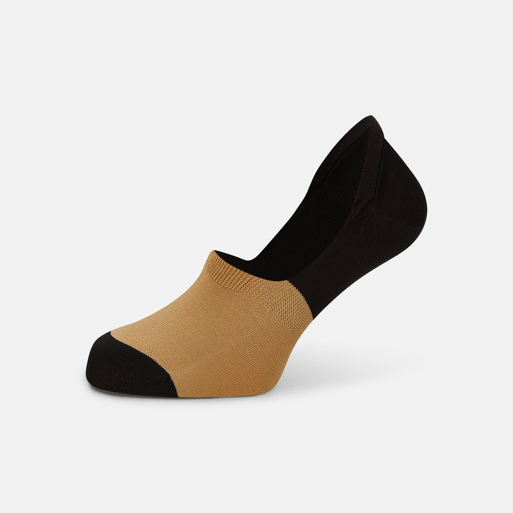 Turnbull & Asser's Dark Chocolate No-Show Socks are low-cut, crafted from soft cotton with a tan front and toe, and a dark chocolate heel, sole, and back—an elevated twist on classic no-show socks, shown against a plain white background.