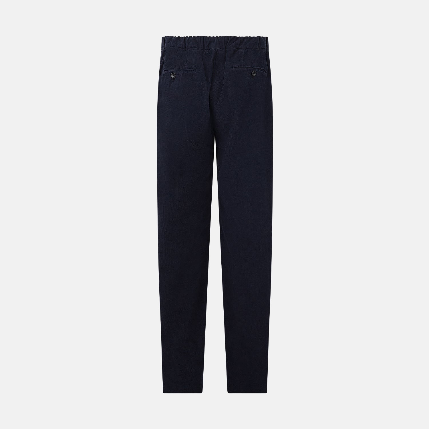 Image 3 of product Turnbull & Asser's Light Navy Corduroy Miles Trousers feature a straight-leg stretch fit, elasticated waist, and matching fabric drawstring, shown on a plain white background.