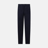 View 3 of product Turnbull & Asser's Light Navy Corduroy Miles Trousers feature a straight-leg stretch fit, elasticated waist, and matching fabric drawstring, shown on a plain white background.