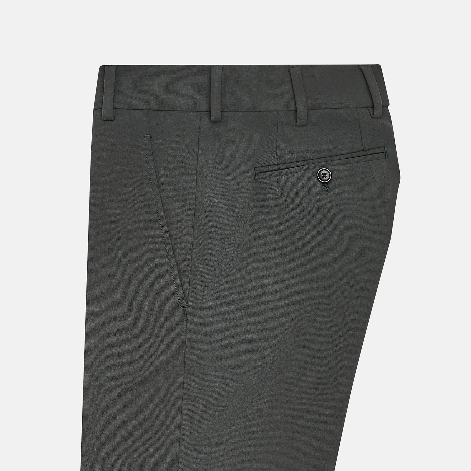 View 4 of product The Charcoal James Trouser by Turnbull & Asser features a straight-leg cut, belt loops, side pockets, and a front zipper—expertly tailored for elegant versatility, shown on a plain white background.