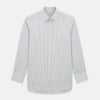 View 1 of product The Teal Double Stripe Mayfair Shirt by Turnbull & Asser is a long-sleeved, button-up shirt with thin teal stripes, a pointed collar, and buttoned cuffs—an essential piece for any gentleman’s wardrobe, shown laid flat on a white background.