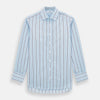 View 1 of product The Turnbull & Asser Burgundy Wide Pinstripe Mayfair Shirt features a collared, long-sleeve design with bold vertical stripes, crafted in the refined Mayfair fit and displayed on a plain white background.