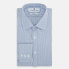 View 5 of product The Sky Blue Micro Shadow Check Mayfair Shirt by Turnbull & Asser features long sleeves, a classic collar, buttoned cuffs, and a light blue and white micro check pattern—showcasing refined British craftsmanship.