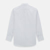 View 10 of product The Turnbull & Asser Pink and Blue Wide Pinstripe Mayfair Shirt features long sleeves, T&A collar, button-down front, and buttoned cuffs. It has bold pink and blue pinstripes on white and is laid flat on a white surface.