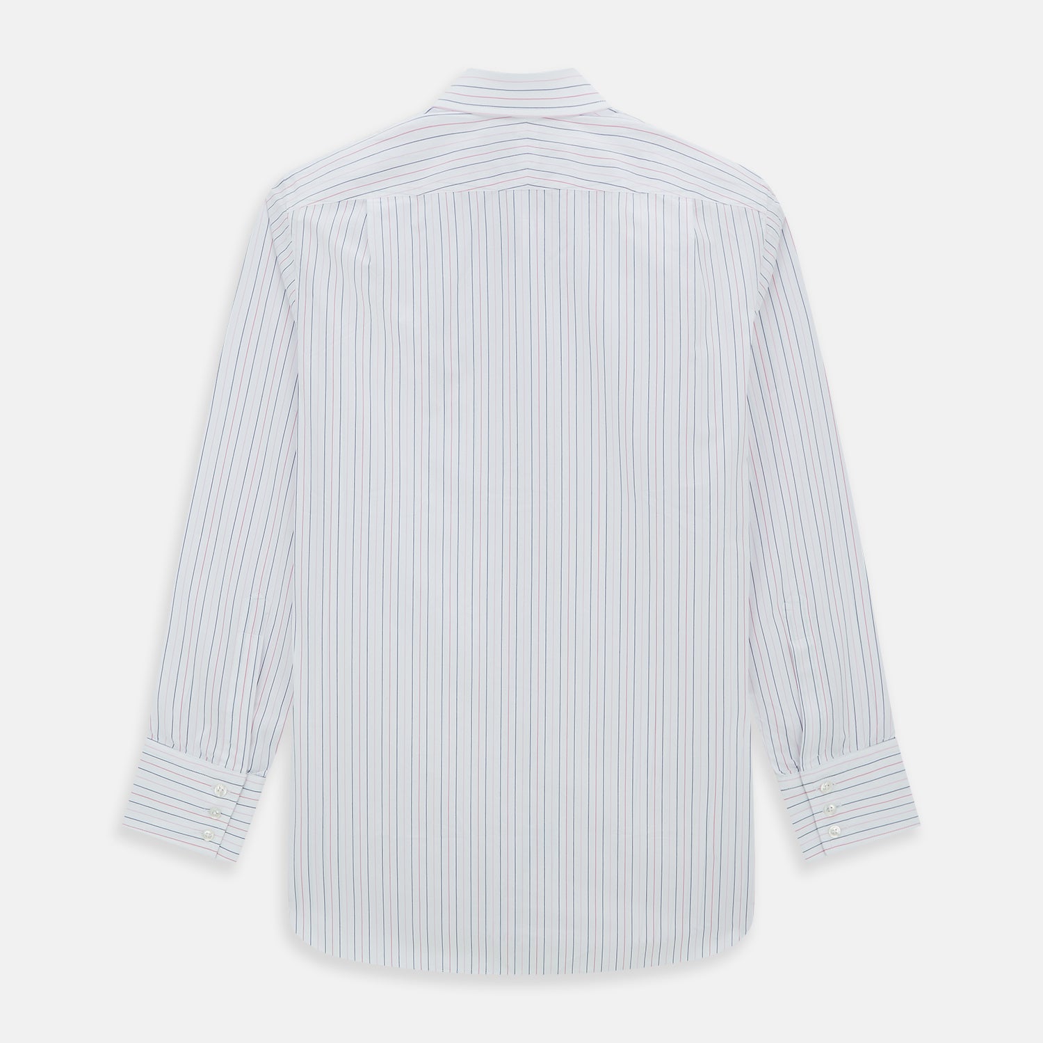 View 10 of product The Turnbull & Asser Pink and Blue Wide Pinstripe Mayfair Shirt features long sleeves, T&A collar, button-down front, and buttoned cuffs. It has bold pink and blue pinstripes on white and is laid flat on a white surface.