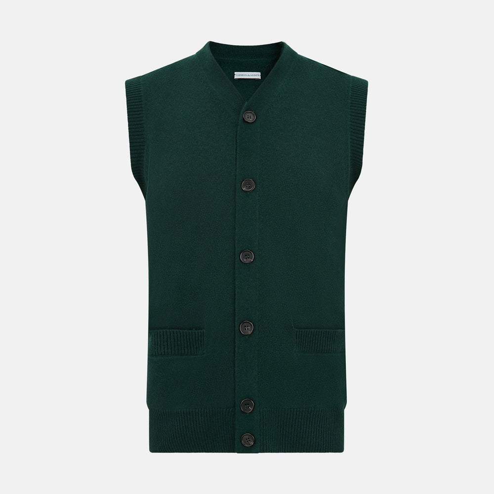The Forest Green Cashmere Sleeveless Cardigan by Turnbull & Asser features a V-neck, button-down front, ribbed hem and armholes, and two front pockets—an elegant menswear staple shown on a plain white background.
