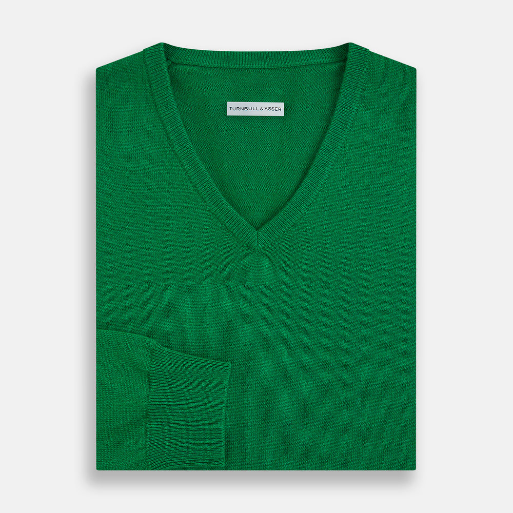 Grass Green Cashmere V-neck Jumper