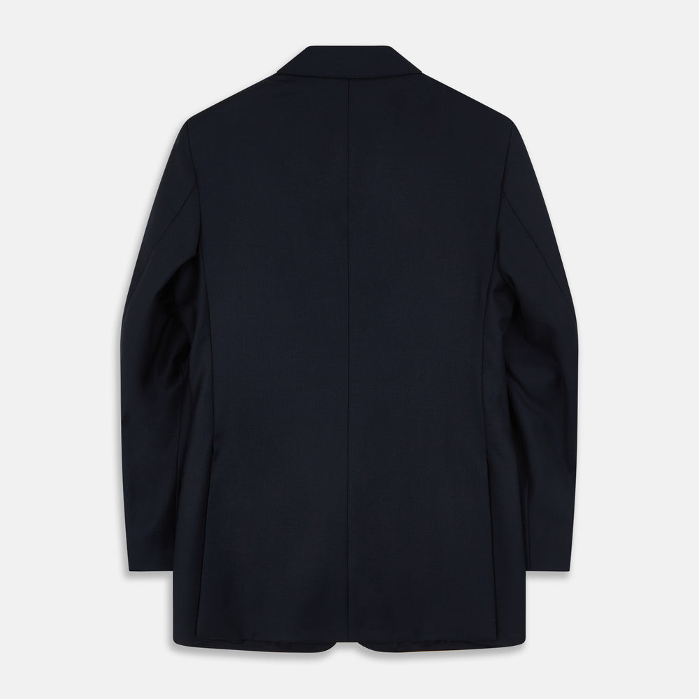The Turnbull & Asser Navy Plain Wool Single Breasted Blazer features gold buttons, a notched lapel, and multiple pockets, and is shown against a white background.