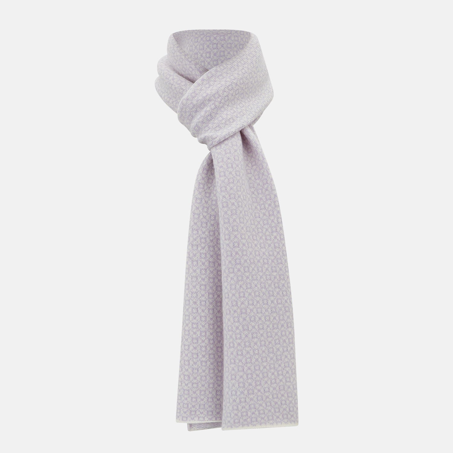 Image 1 of product The Turnbull & Asser Ivory and Lilac Lozenge-Patterned Cashmere Knitted Scarf, tied loosely, reveals its refined style and geometric design against a plain white background.