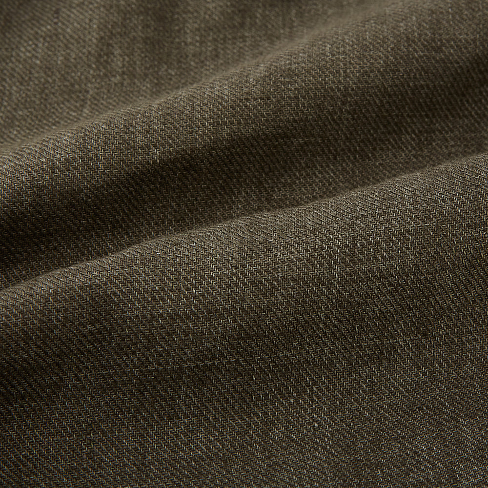 The Olive Linen Windsor Shirt by Turnbull & Asser features long sleeves, a classic Windsor collar, buttoned cuffs, and a straight hem—expertly crafted in Britain and shown against a white background.