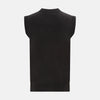 View 3 of product The Turnbull & Asser Dark Brown Merino V-Neck Sleeveless Cardigan features a button-up front and two pockets, styled as a men's sleeveless vest and shown on a plain white background.