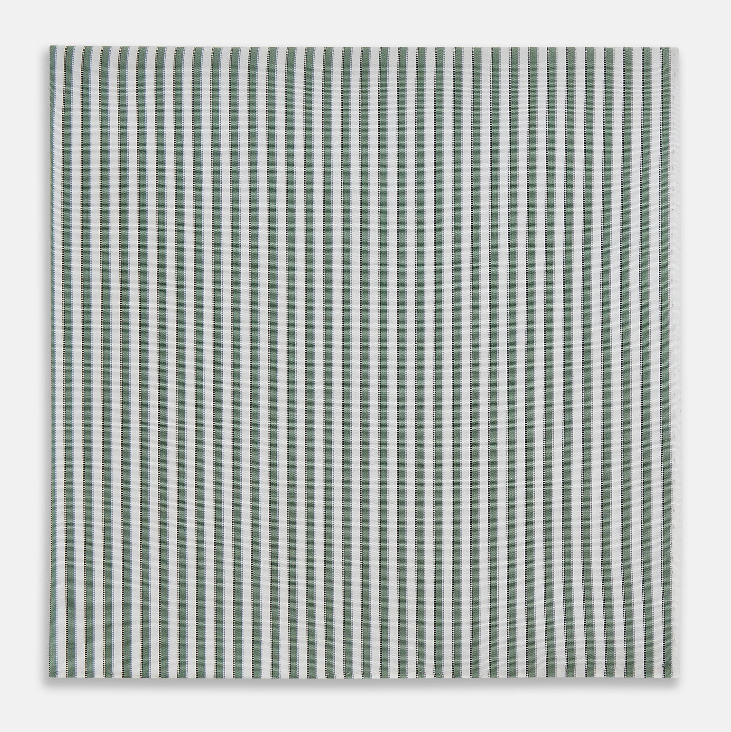 Image 1 of product The Turnbull & Asser Melon Green Halo Stripe Hand-Rolled Handkerchief is a rectangular white cloth with evenly spaced vertical melon green stripes and hand-rolled edges, shown flat on a white background.