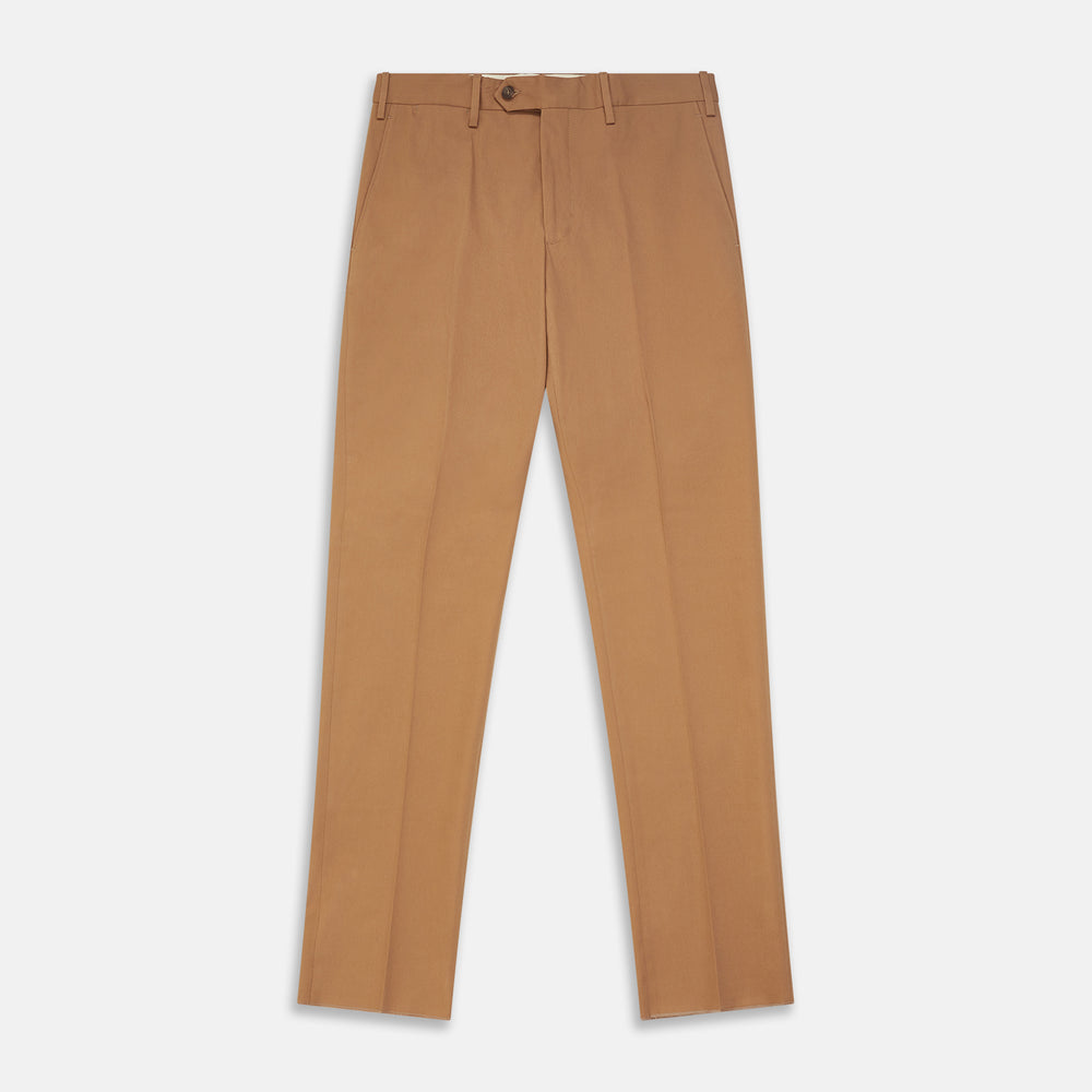 The Camel Front Pleated Manson Trouser by Turnbull & Asser, tailored in Italy with belt loops, front crease, side pockets, and a button closure, is shown laid flat on a white background.