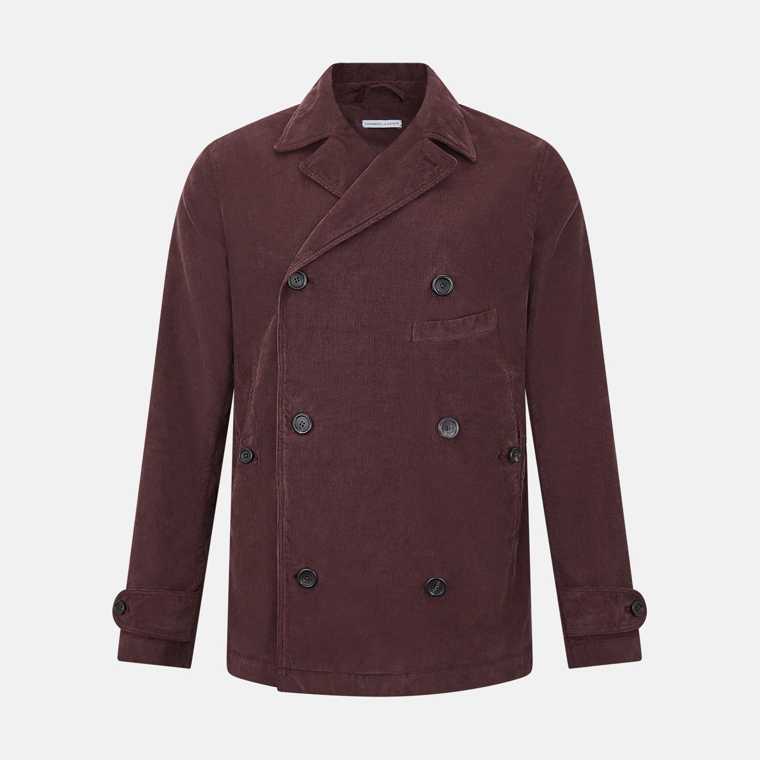 Image 1 of product The Burgundy Kingston Corduroy Caban Jacket by Turnbull & Asser features black buttons, a notched collar, and front pockets. Crafted from premium cotton, it is shown on a plain white background.