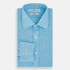 View 5 of product The Turnbull & Asser Turquoise Linen Mayfair Shirt features long sleeves and a collar, displayed neatly on a white background.