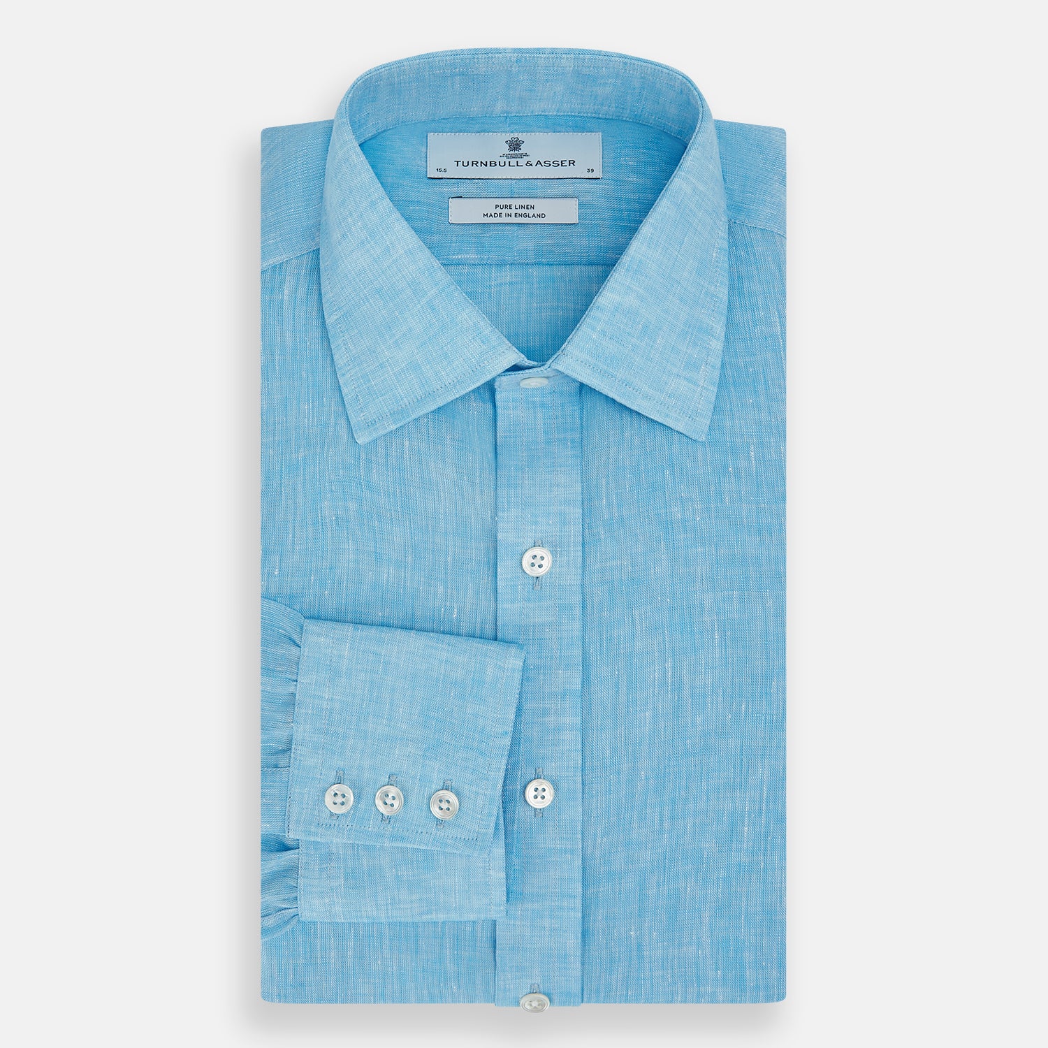 View 5 of product The Turnbull & Asser Turquoise Linen Mayfair Shirt features long sleeves and a collar, displayed neatly on a white background.