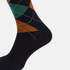 View 4 of product The Turnbull & Asser Navy/Green/Orange Wool Check Mid-Length Sock features a stylish check pattern and is shown on a white background.