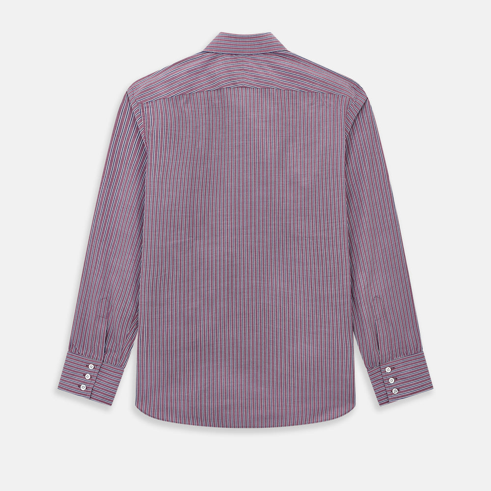 The Turnbull & Asser Wine Ticking Stripe Westminster Shirt features red, blue, and white vertical pinstripes on white and is shown laid flat on a white surface.