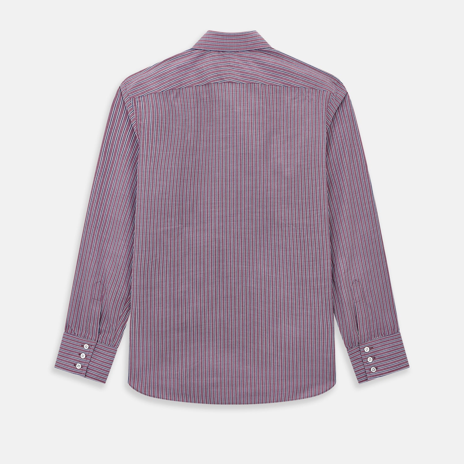 View 3 of product The Turnbull & Asser Wine Ticking Stripe Westminster Shirt features red, blue, and white vertical pinstripes on white and is shown laid flat on a white surface.