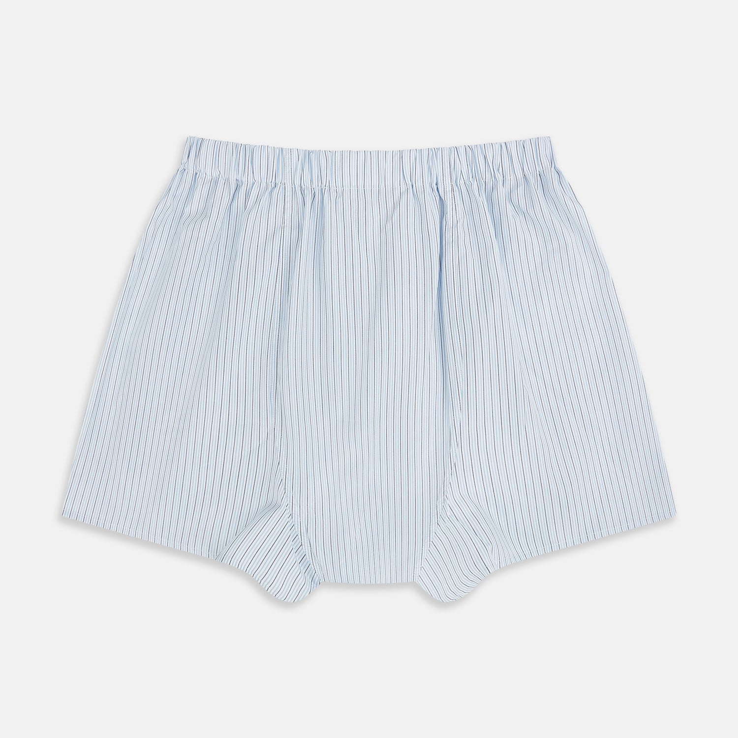 View 2 of product Turnbull & Asser Blue Stripe Godfrey Boxer Shorts, crafted from luxury Italian cotton with an elastic waistband, feature light blue and white vertical stripes and are shown flat on a white background.