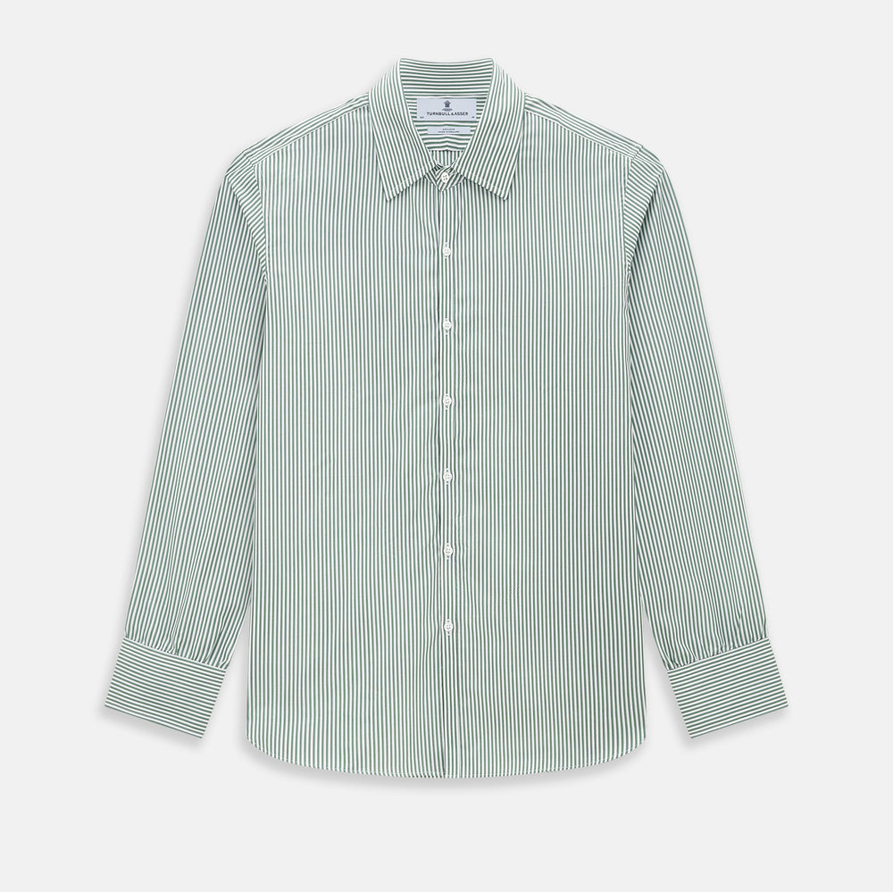 The Melon Green Halo Stripe Westminster Shirt by Turnbull & Asser, featuring thin green and white stripes and a classic Turnbull collar, is displayed against a plain white background—a testament to refined British craftsmanship.