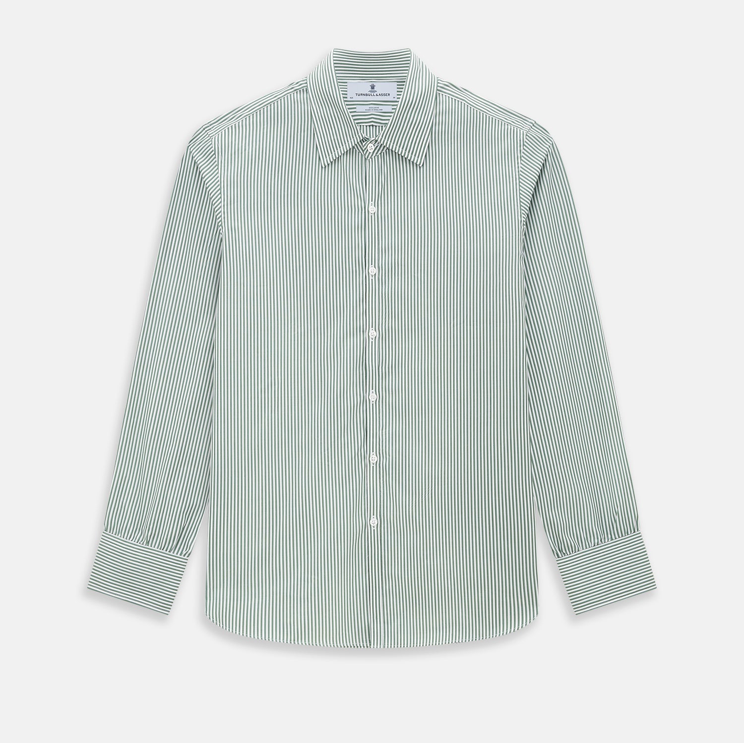 View 1 of product The Melon Green Halo Stripe Westminster Shirt by Turnbull & Asser, featuring thin green and white stripes and a classic Turnbull collar, is displayed against a plain white background—a testament to refined British craftsmanship.