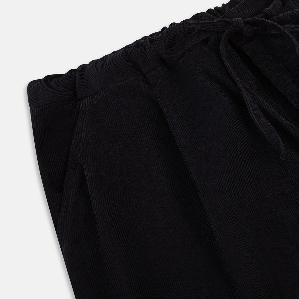 Navy Corduroy Miles Trousers by Turnbull & Asser, featuring an elasticated waist, straight-leg cut, and side pockets, displayed flat on a white background.