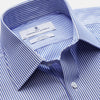 View 3 of product The Turnbull & Asser Blue and White Stripe Cotton RE-PURPOSE Mayfair Shirt, made with recycled fabrics, features long sleeves and a classic collar, and is shown flat against a white background.