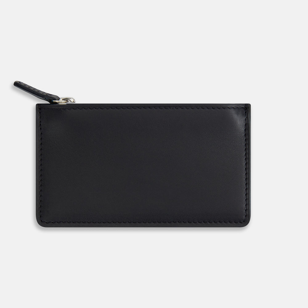 A navy leather zip wallet with Turnbull & Asser printed in small white letters on the front, set against a plain white background.