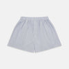 View 1 of product Turnbull & Asser Blue Multi Stripe Cotton Godfrey Boxer Shorts feature light blue and white stripes, an elastic waistband, and soft cotton fabric—perfect for those who value luxury underwear. Laid flat on a plain white background.