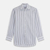 View 2 of product A close-up of Turnbull & Asser’s Sand Multi Stripe Cotton Fabric, featuring navy, light blue, and tan vertical stripes on white, displayed in a circular frame.