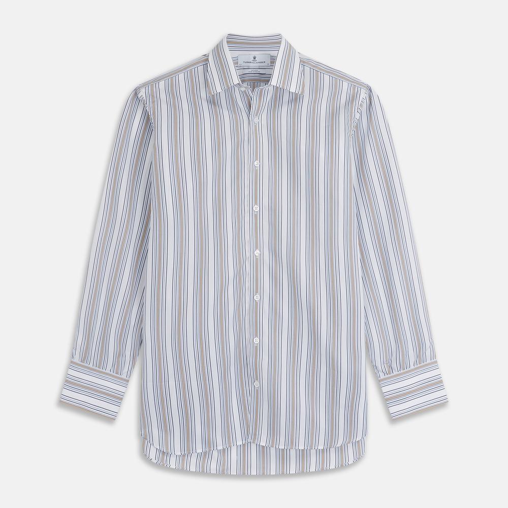 A close-up of Turnbull & Asser’s Sand Multi Stripe Cotton Fabric, featuring navy, light blue, and tan vertical stripes on white, displayed in a circular frame.