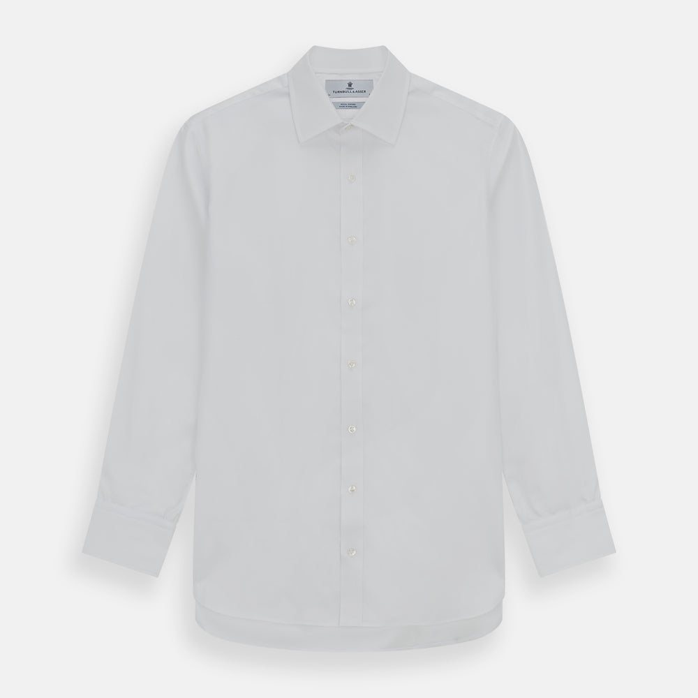 The Turnbull & Asser White Superfine Oxford Cotton Shirt features a T&A collar and 3-button cuffs—ideal for elegant evening attire, shown against a white background.