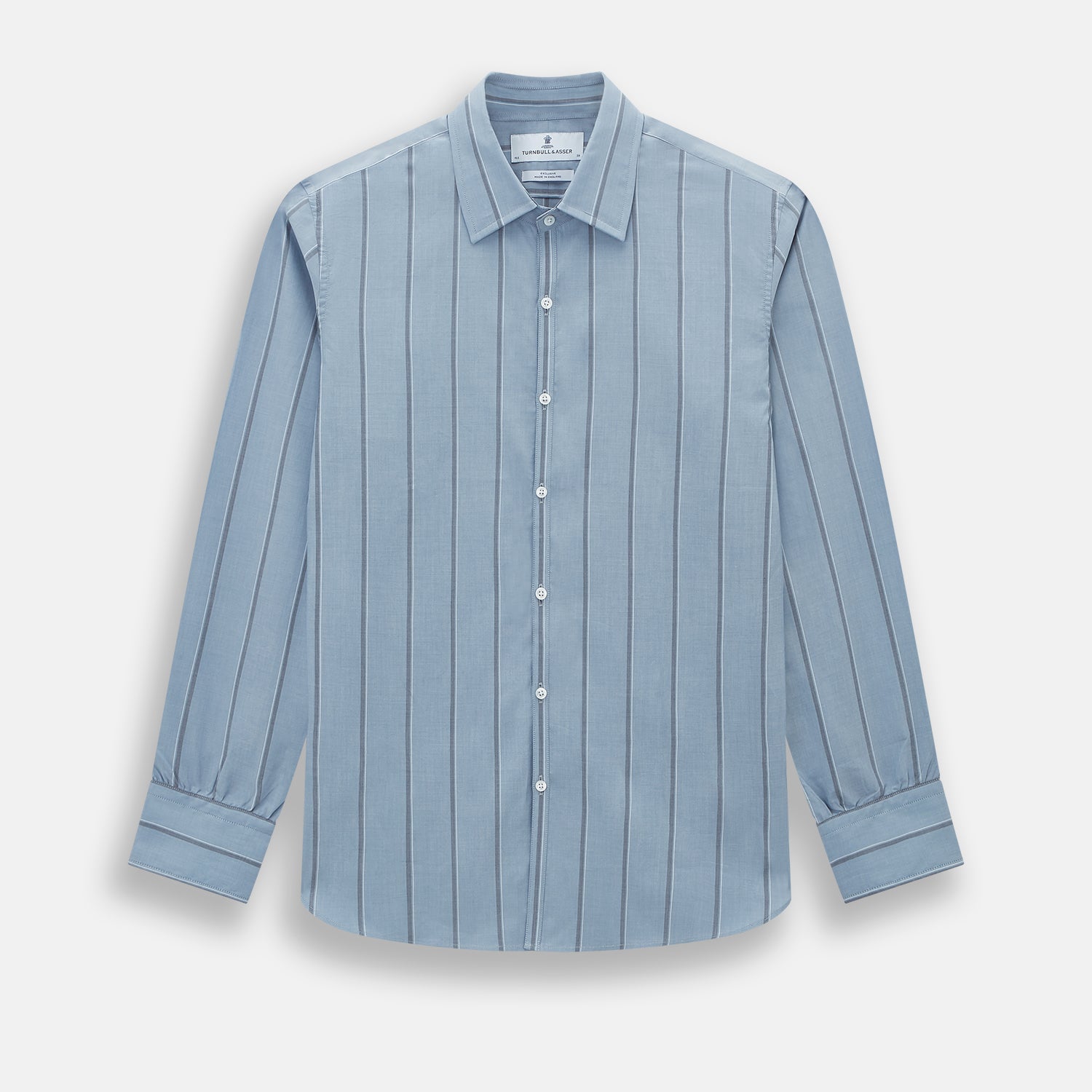 View 1 of product The Steel Blue Track Stripe Westminster Shirt by Turnbull & Asser features dark pinstripes, a classic collar, white buttons, and buttoned cuffs—expertly crafted to highlight British craftsmanship. Laid flat on white background.