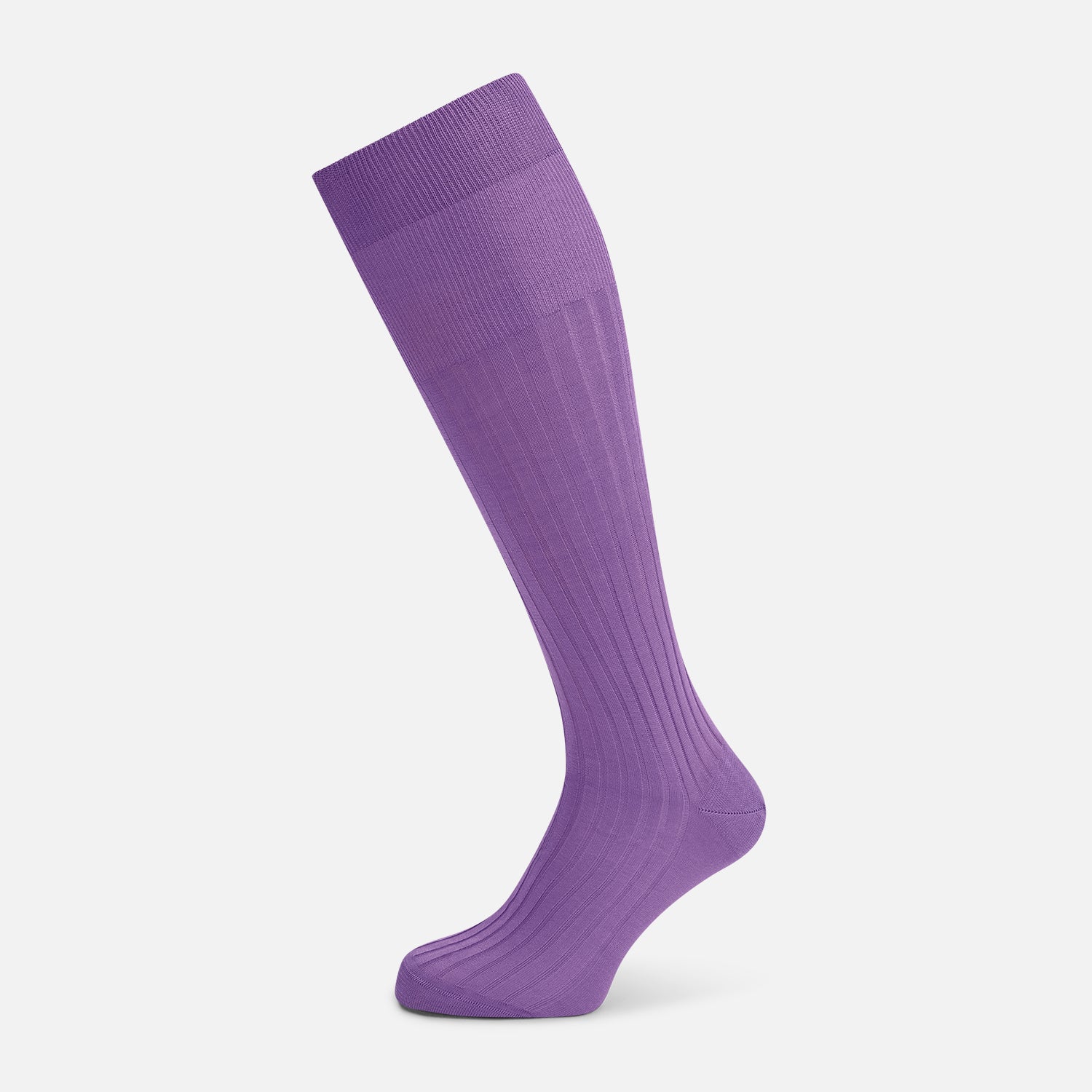 View 1 of product The Turnbull & Asser Violet Long Sock, crafted from mercerised Egyptian cotton, is shown in side profile against a white background, highlighting its knee-high length and ribbed texture.
