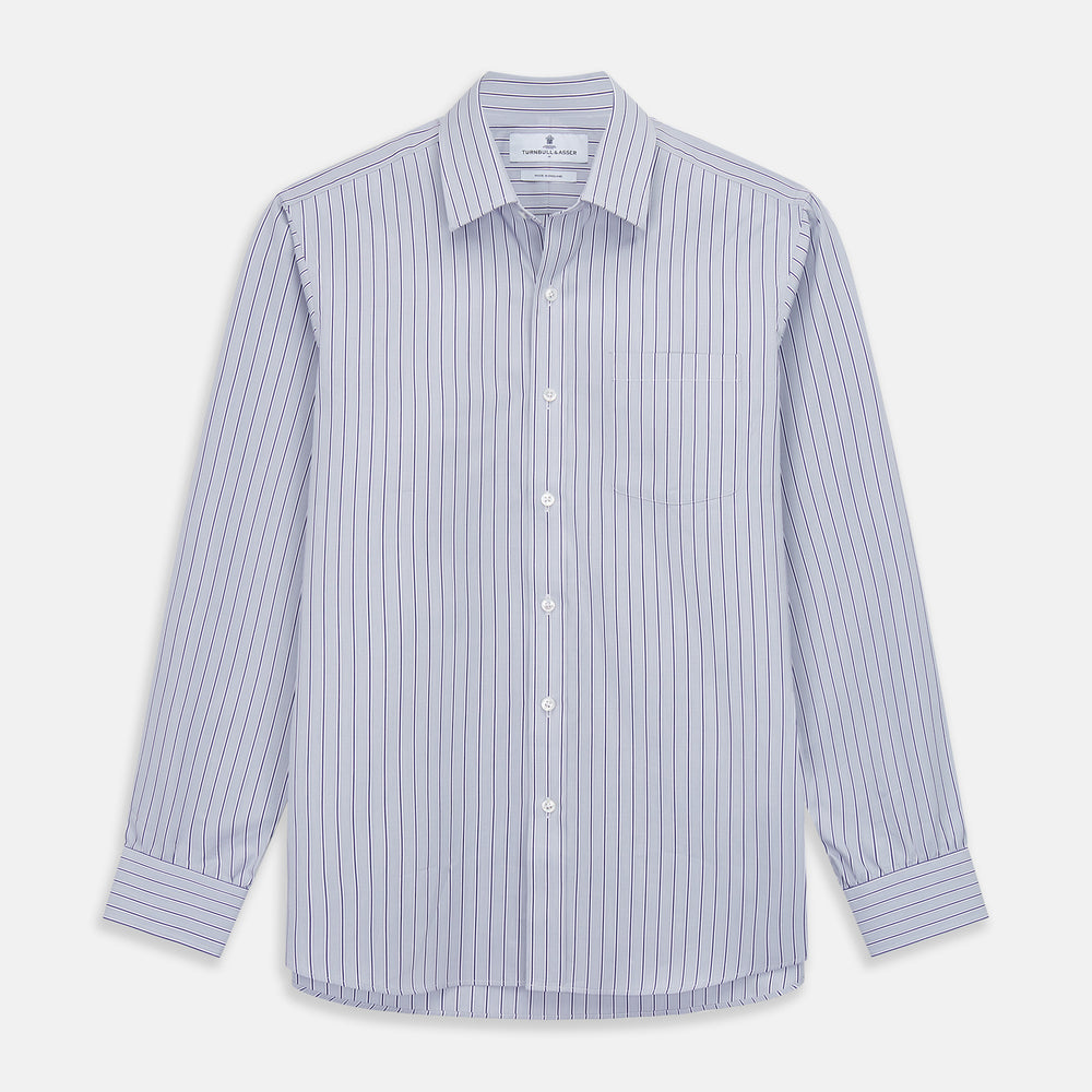 Turnbull & Asser Navy & Blue Stripe Weekend Fit Shirt, featuring a Derby collar, single button cuffs, and a chest pocket, laid flat on a white background.