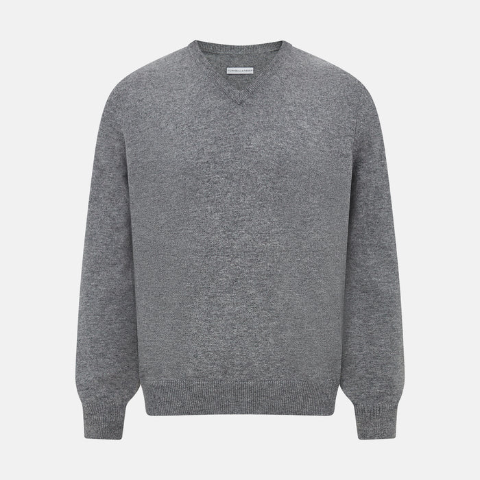Grey Melange Cashmere V-neck Jumper
