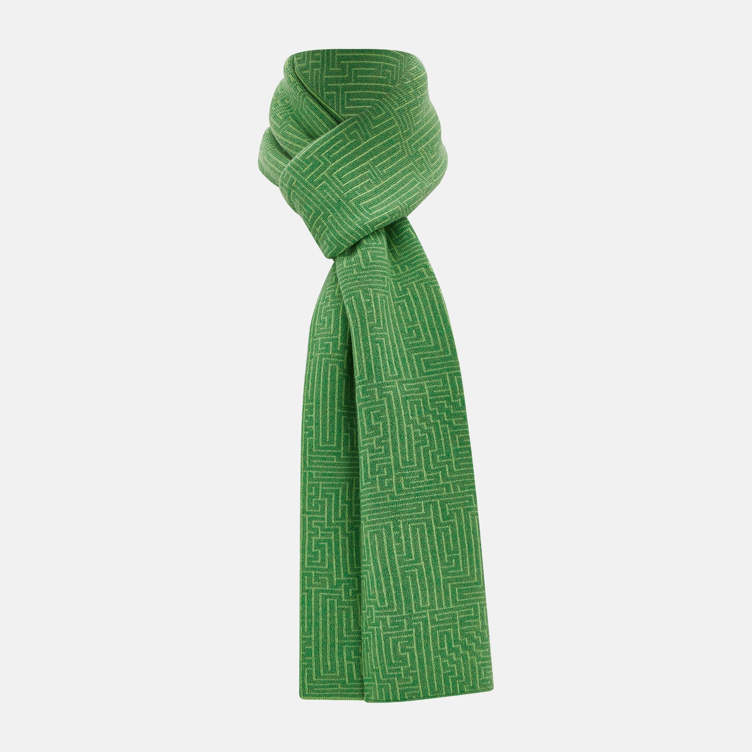 View 1 of product The Turnbull & Asser Kelly Green Fretwork Cashmere Knitted Scarf features a subtle, intricate pattern and is neatly knotted against a plain white background—an elegant accessory for any occasion.