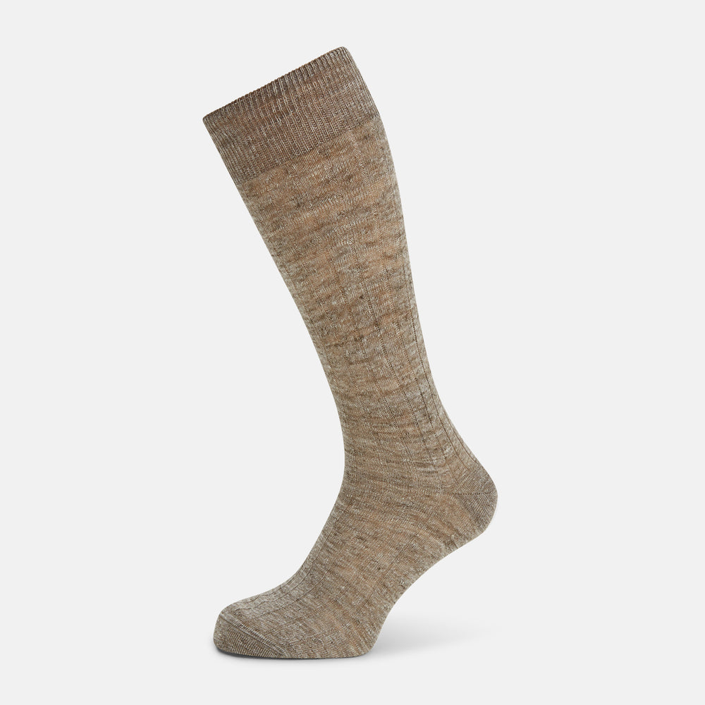 Turnbull & Asser Coffee Linen Mid-Length Sock—brown, textured heathered fabric, displayed upright on white. Ideal for comfortable everyday wear.